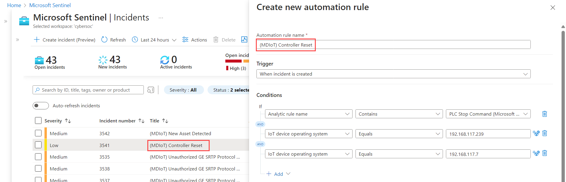 Microsoft Azure Sentinel でインシデントのオートメーション ルールを作成する方法を示すスクリーンショット。