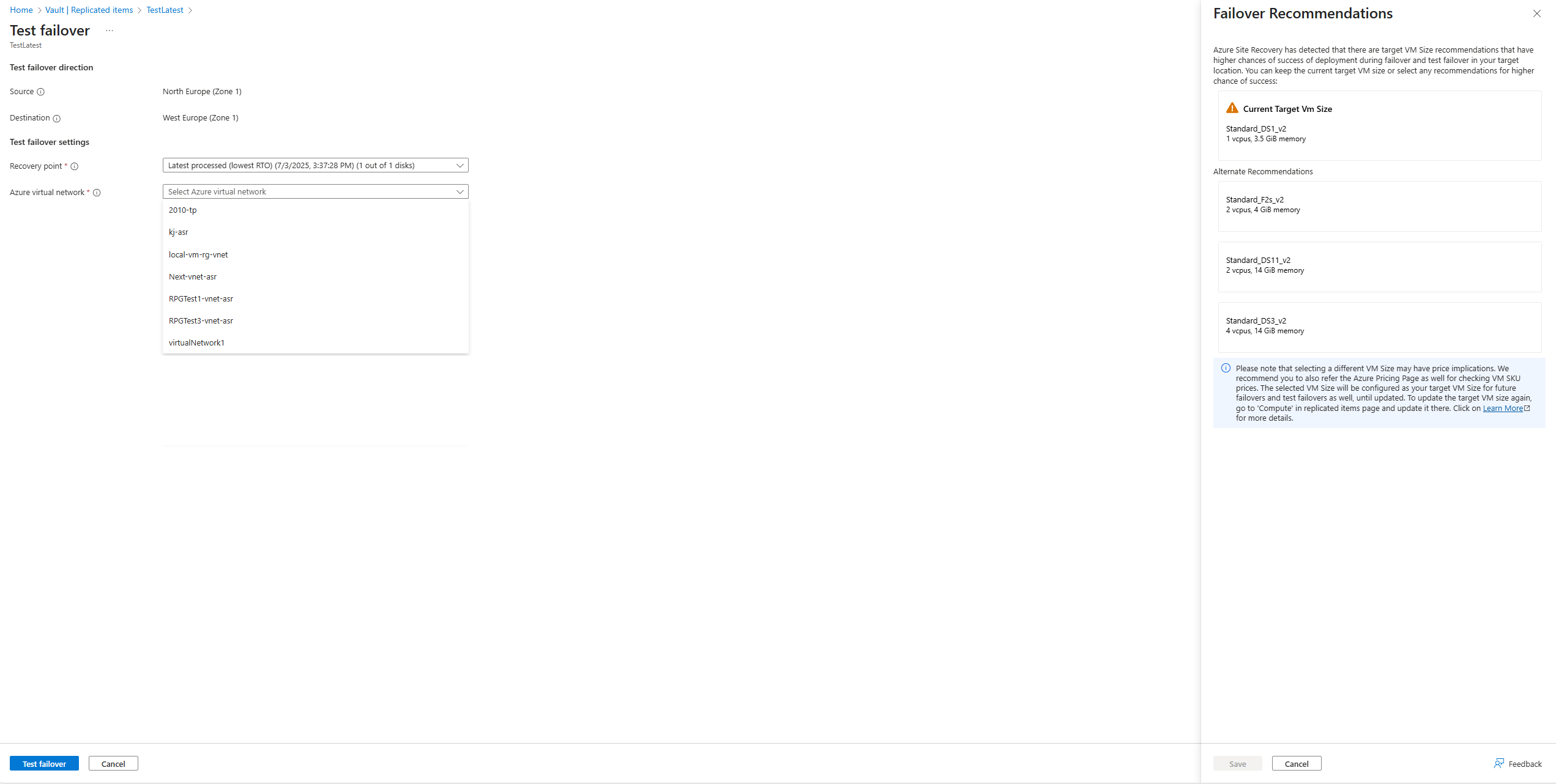 フェールオーバーの推奨事項画面を示す図。