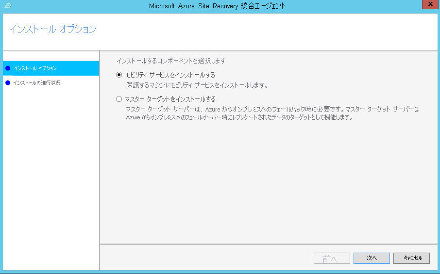 モビリティ サービスのインストール オプション ページ。