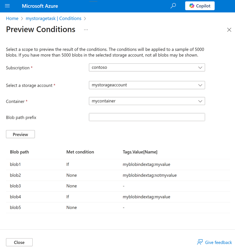Azure portal のストレージ タスク プレビュー ウィンドウのスクリーンショット。