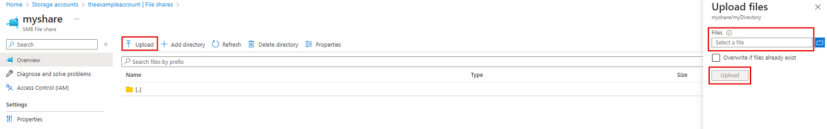 Azure portal の [ファイルのアップロード] パネルを示すスクリーンショット。