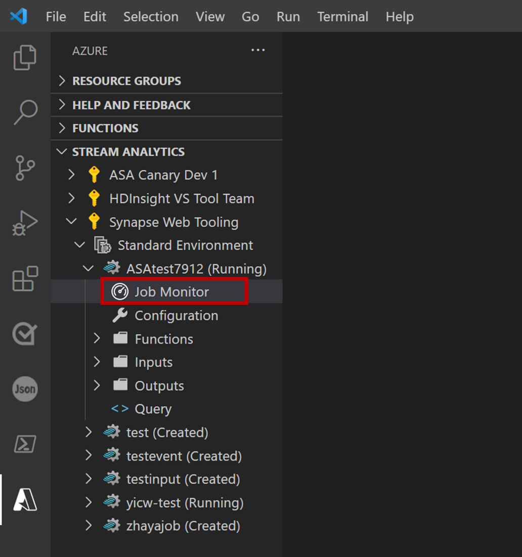 VS Code 拡張機能がジョブ モニターを開くスクリーンショット。