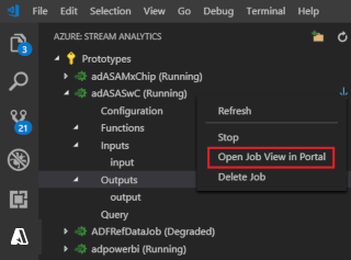 ポータルでジョブ ビューを開く VS Code 拡張機能のスクリーンショット。