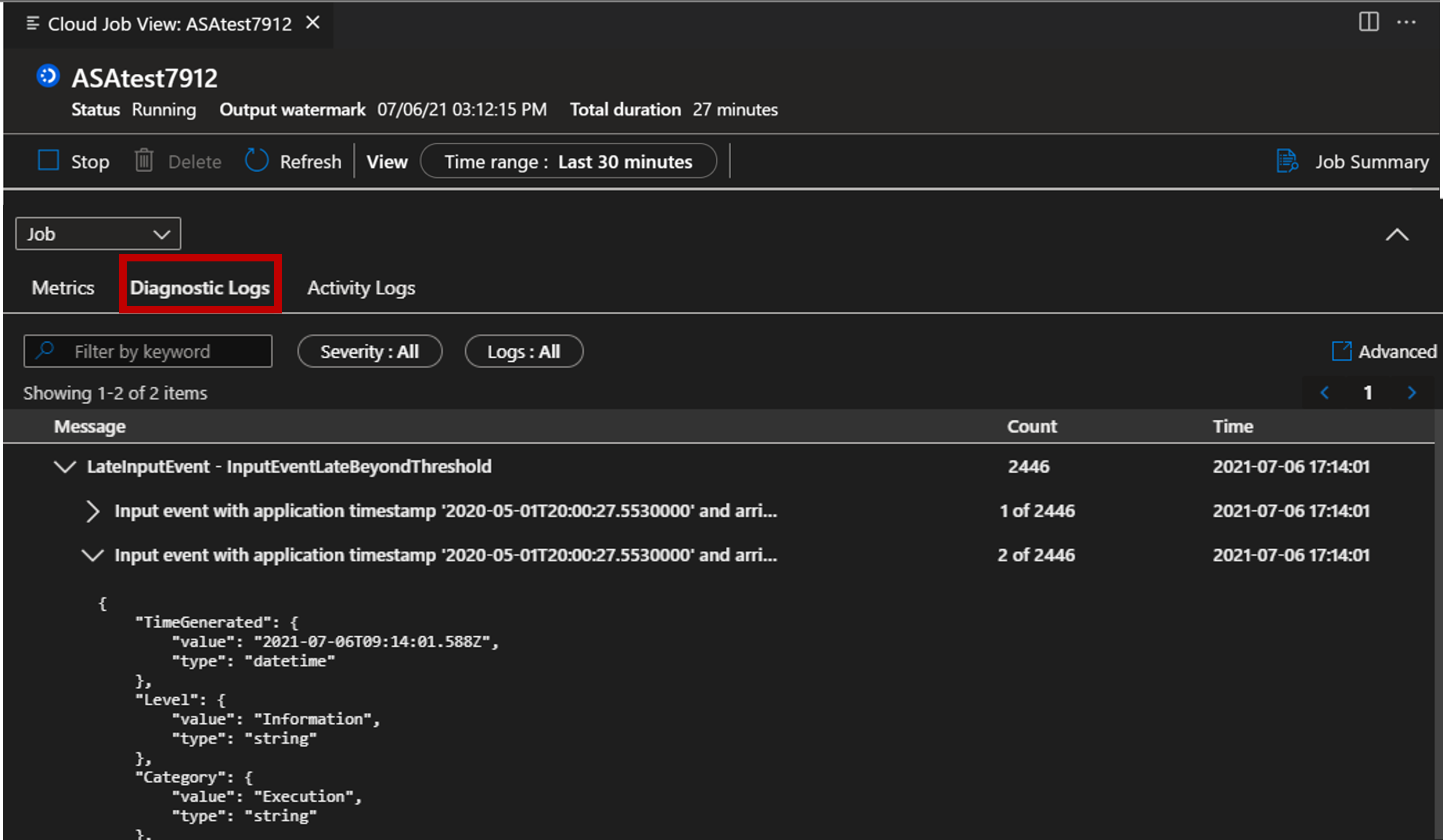 診断ログを表示する VS Code 拡張機能のスクリーンショット。