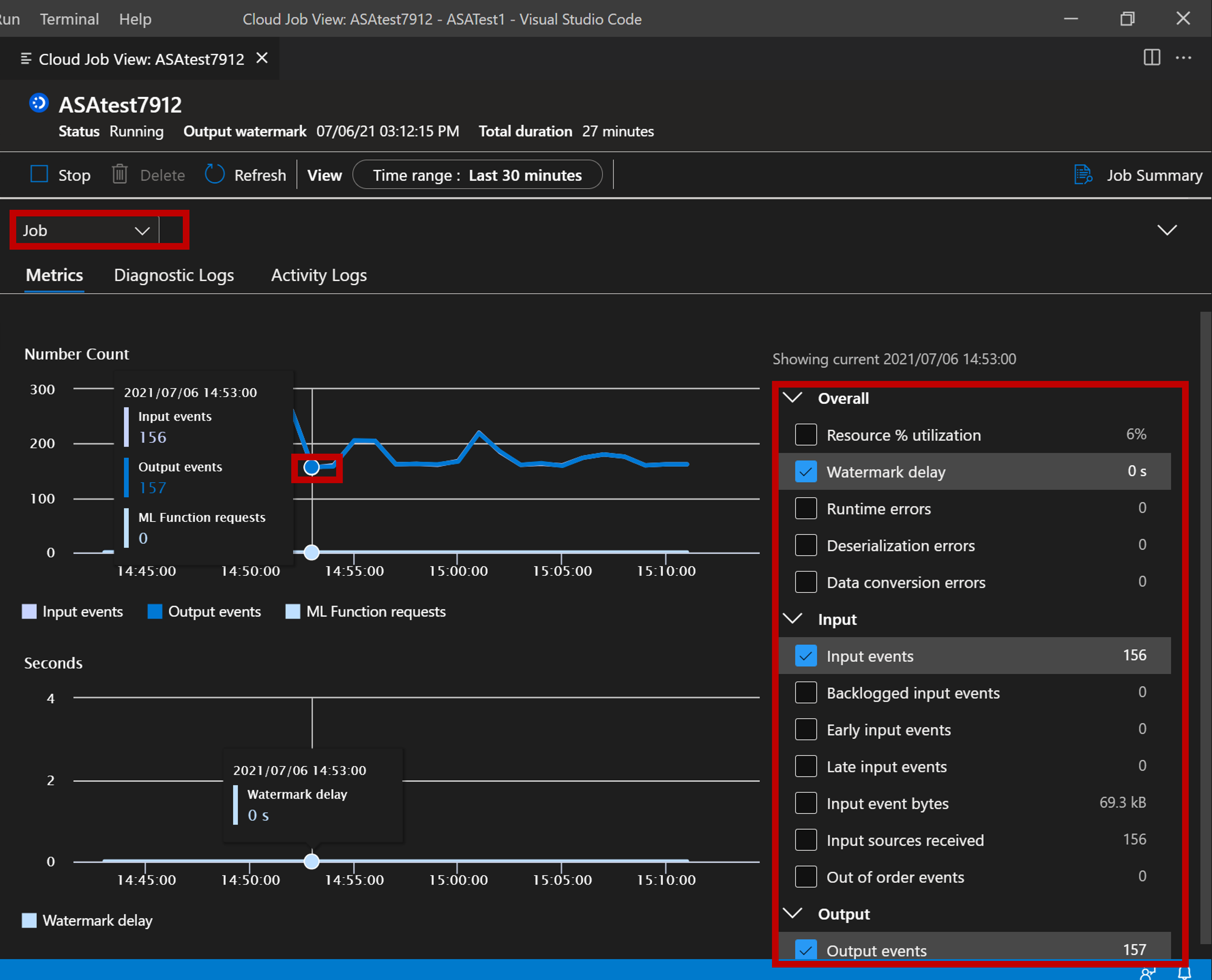 ジョブ メトリックを表示する VS Code 拡張機能のスクリーンショット。