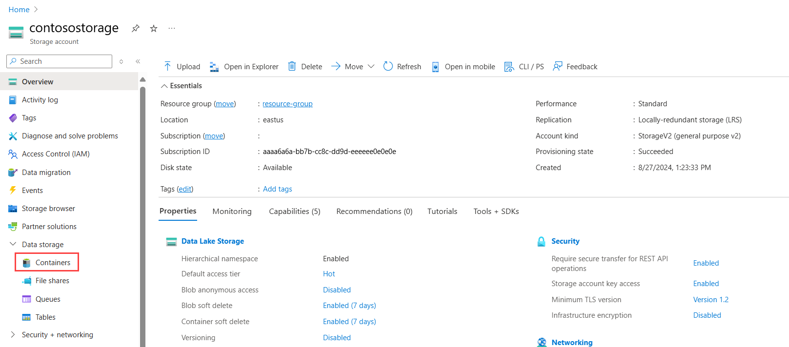 Data Lake Storage Gen2 アカウントの [概要] を示す Azure portal のスクリーンショット。