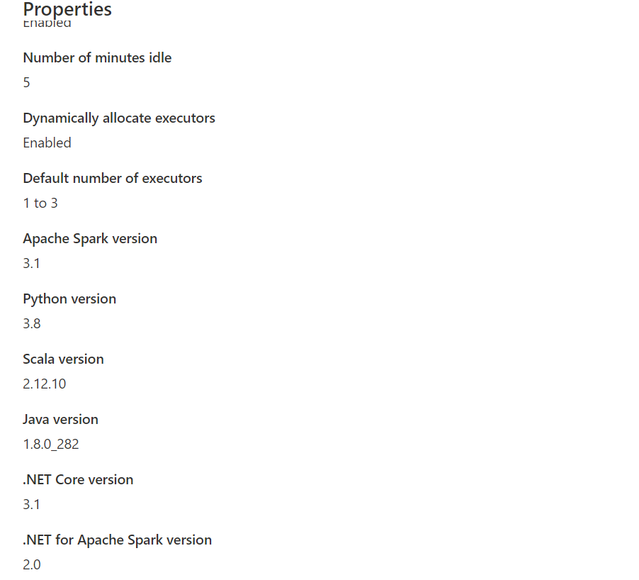 .NET Spark バージョンを含むプロパティを示すスクリーンショット。