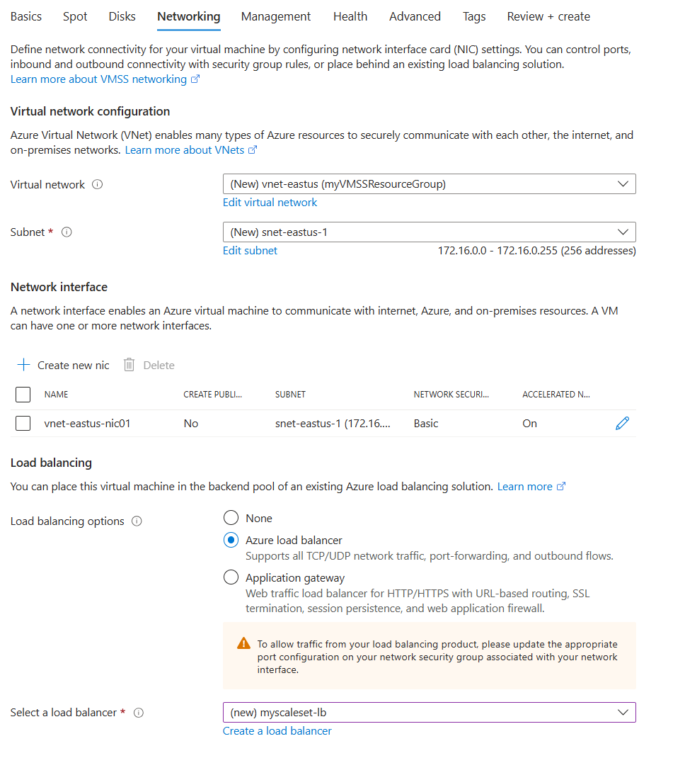 仮想マシン スケール セットの作成プロセス中の Azure portal の [ネットワーク] タブのスクリーンショット。