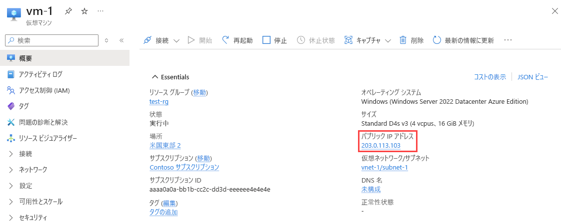 [概要] ページの仮想マシンの [パブリック IP アドレス] のスクリーンショット。