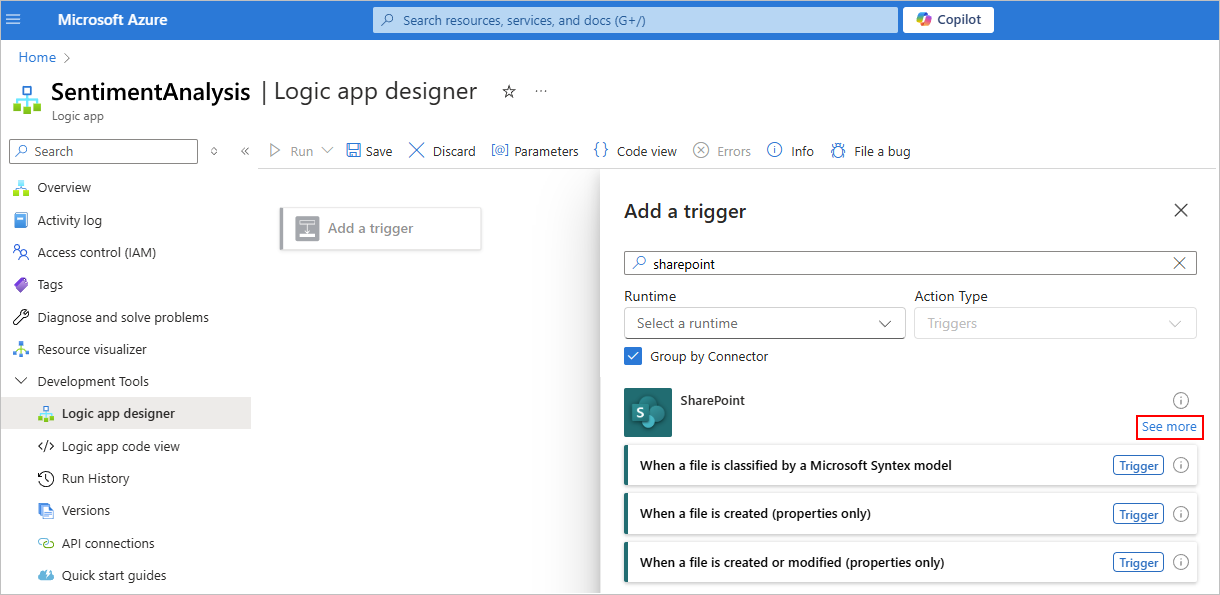 スクリーンショットは、Azure ポータル、消費ワークフロー デザイナー、トリガーの追加を選択し、トリガーを選択するためのコネクタ ギャラリーを開くことを示しています。