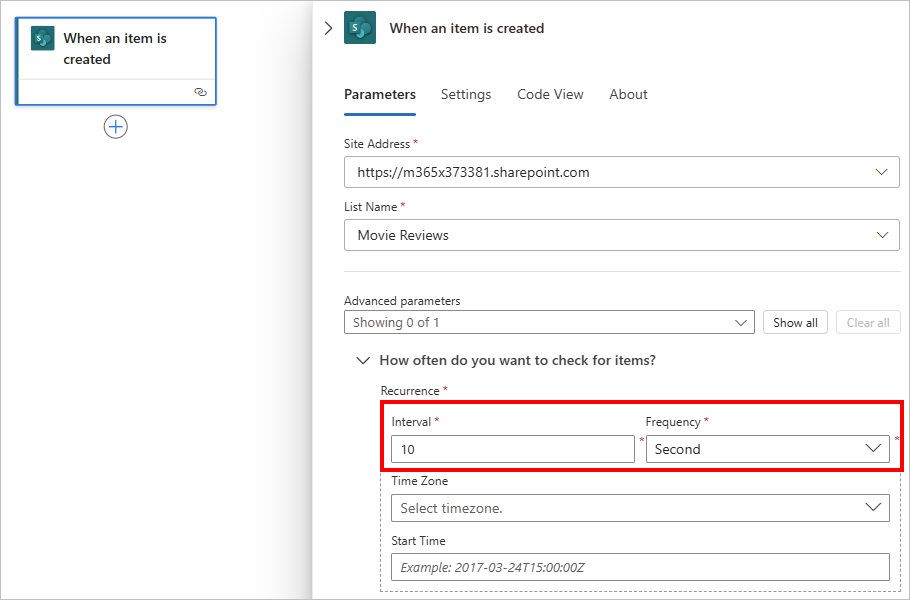 スクリーンショットは、従量課金ワークフロー デザイナー、SharePoint トリガー、トリガー パラメーターを示しています。