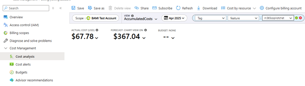 Microsoft 365 Copilot Chat コストでフィルター処理された [コスト管理] ページを示すAzure portalのスクリーンショット。