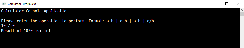 ゼロ除算操作の結果を表示する Visual Studio デバッグ コンソールのスクリーンショット。