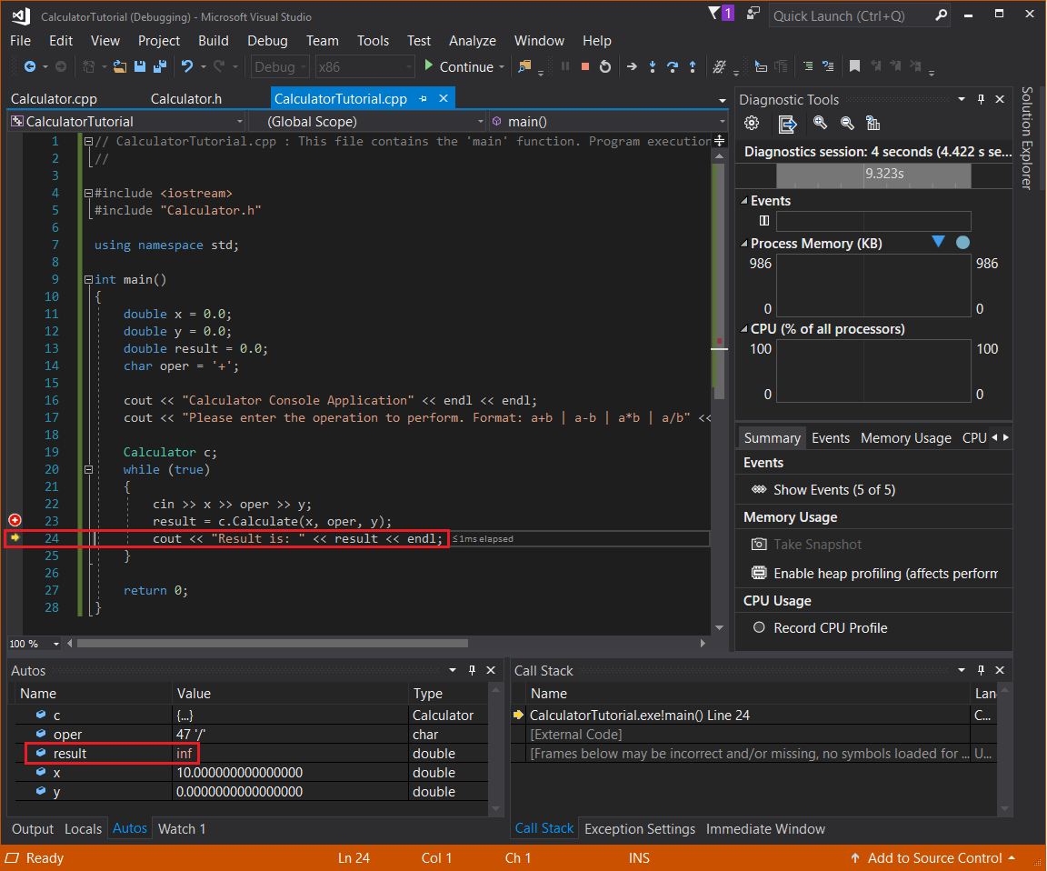 電卓のデバッグのスクリーンショット。