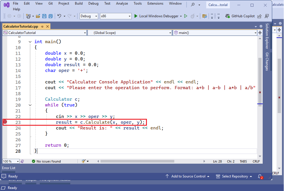 Visual Studio エディターのスクリーンショット。ブレークポイントを表す赤い点が行に表示されます。result = c.Calculate(x, oper, y)。