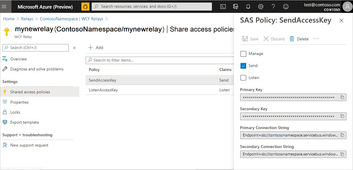 送信アクセス キーとリッスン アクセス キーが含まれている Azure portal ページのスクリーンショット。