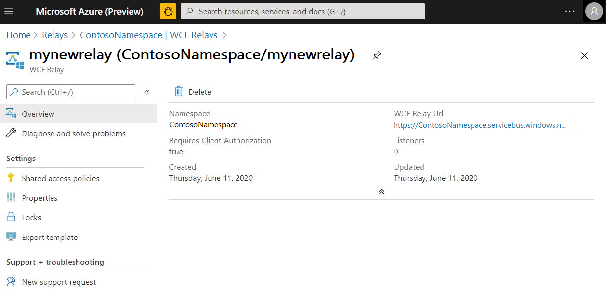 WCF リレー URI を取得する Azure portal のスクリーンショット。