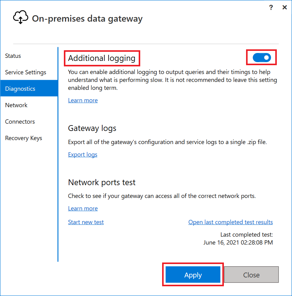 追加のログ記録を有効にする方法に重点を置いたゲートウェイ アプリのスクリーンショット。
