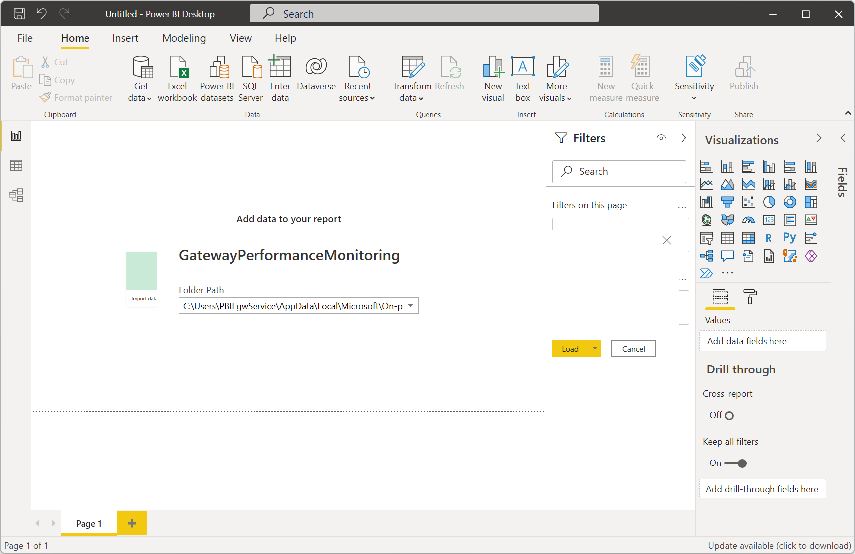 フォルダー パスのポップアップのスクリーンショット。