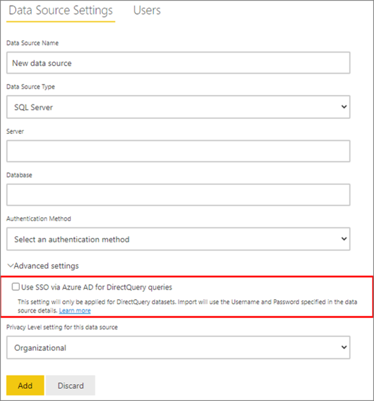 DirectQuery クエリに Microsoft Entra ID を使用する SSO が強調されているデータ ソース設定ページのスクリーンショット。