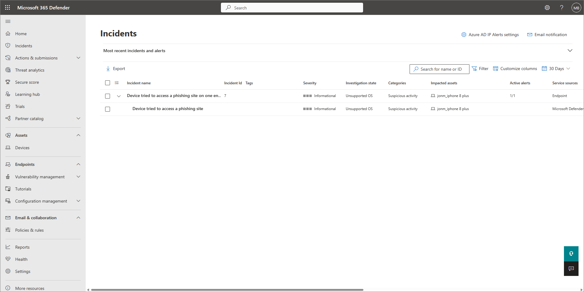 Defender for Business のインシデント ビューのスクリーンショット。