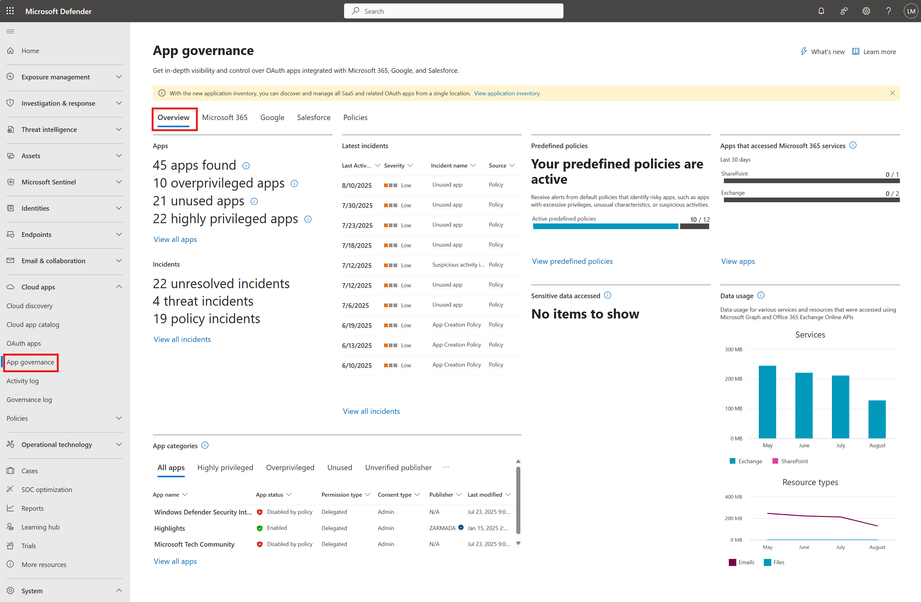 Microsoft Defender XDRの [アプリ ガバナンスの概要] ページのスクリーンショット。
