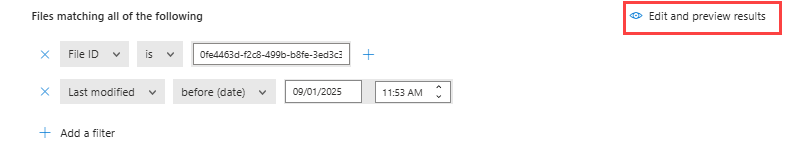 ファイル ポリシーのフィルター処理された結果のプレビューを表示する方法を示すスクリーンショット。