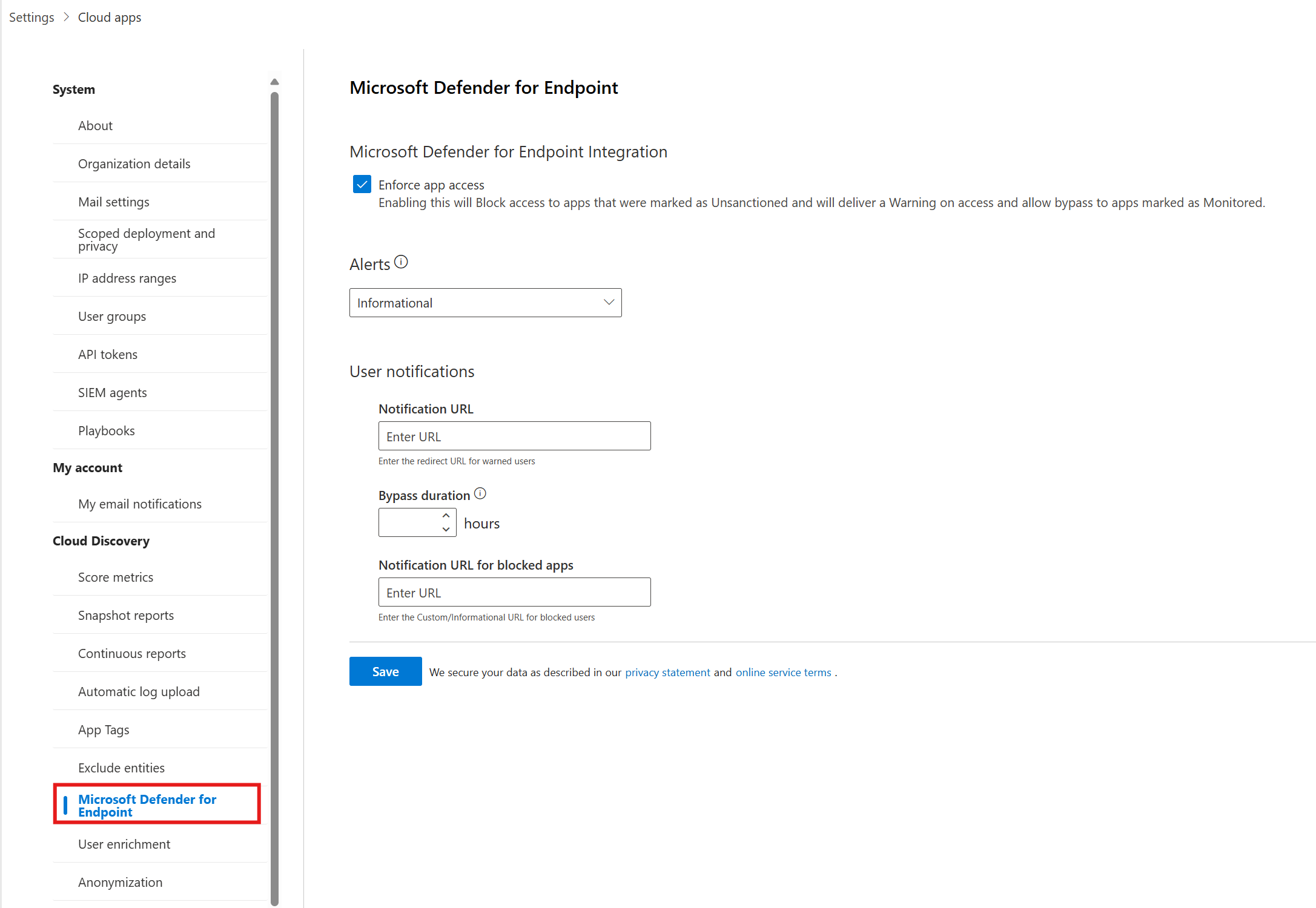 Defender for Endpoint アラート設定のスクリーンショット。