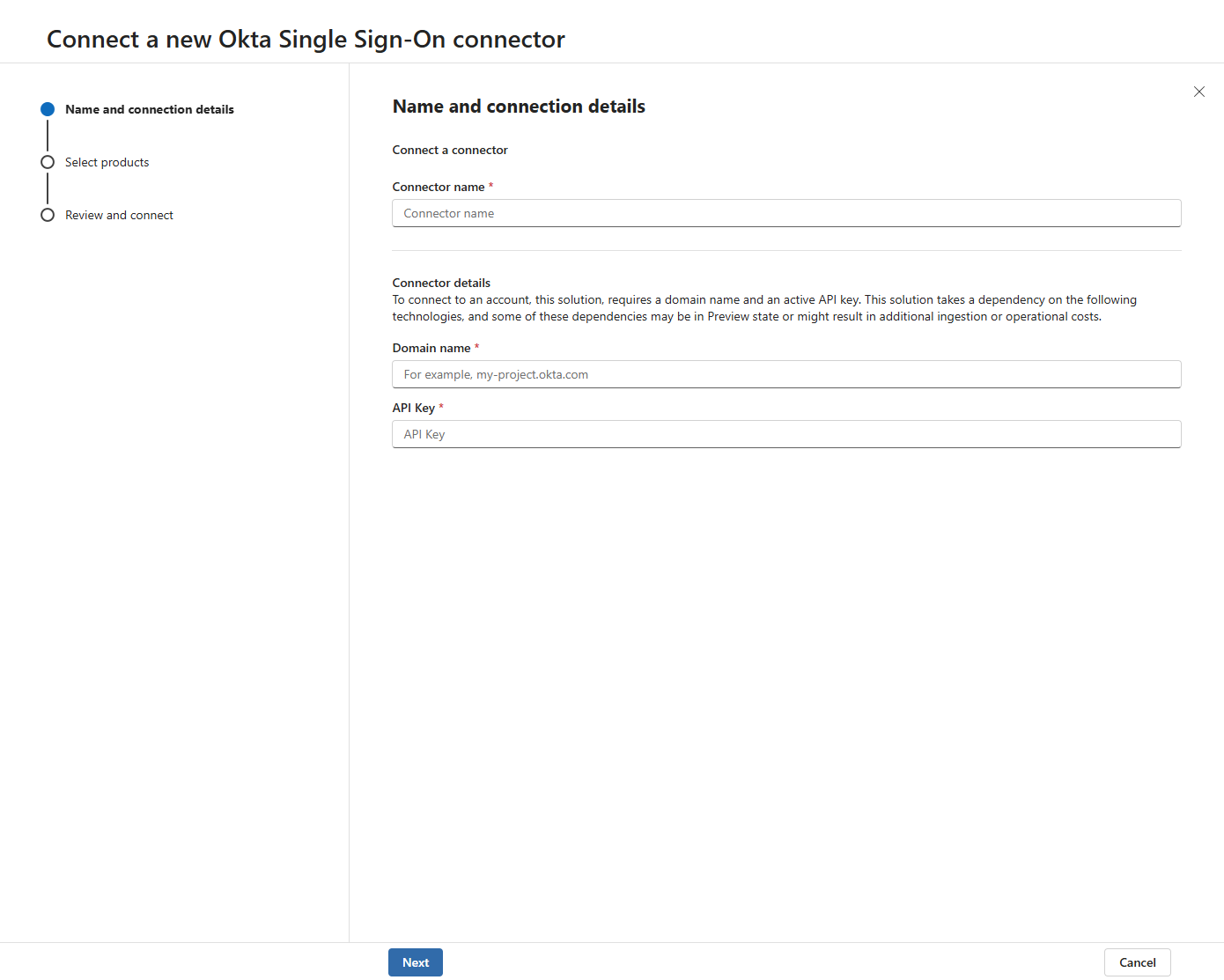 コネクタ名、ドメイン、API キーを追加する場所を示すスクリーンショット。
