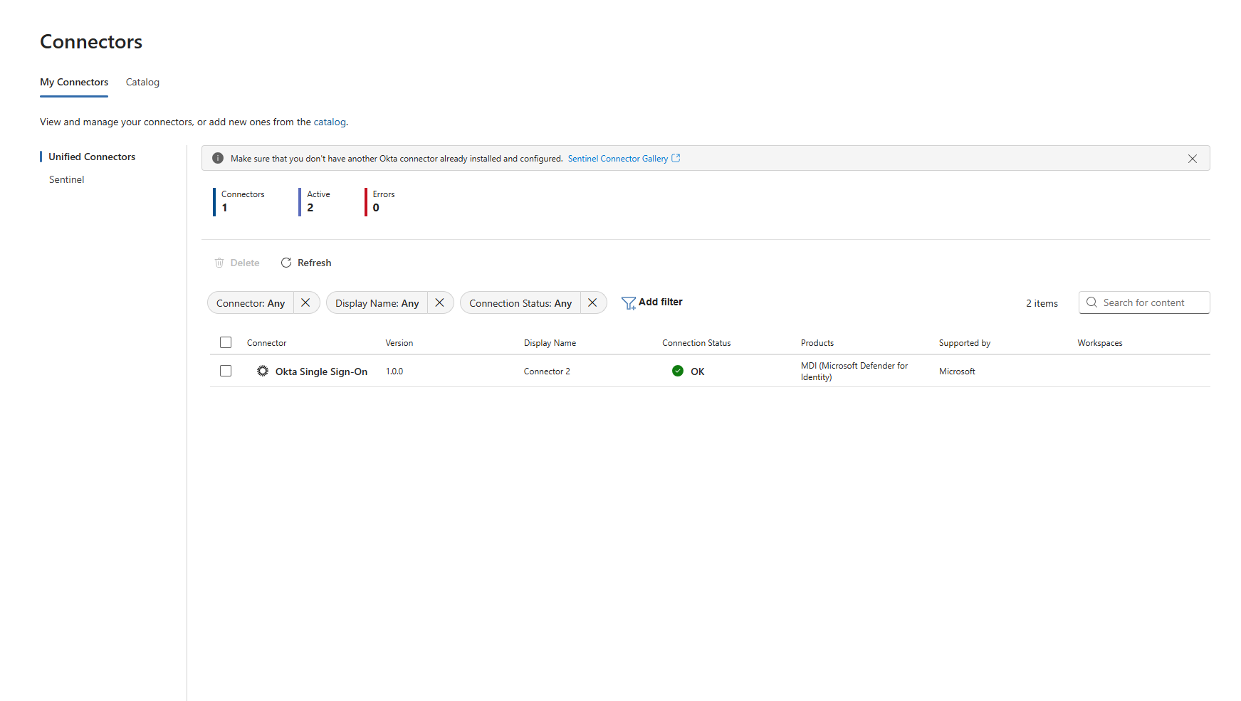 Okta シングル サインオン コネクタが正常に接続されたことを示すスクリーンショット。