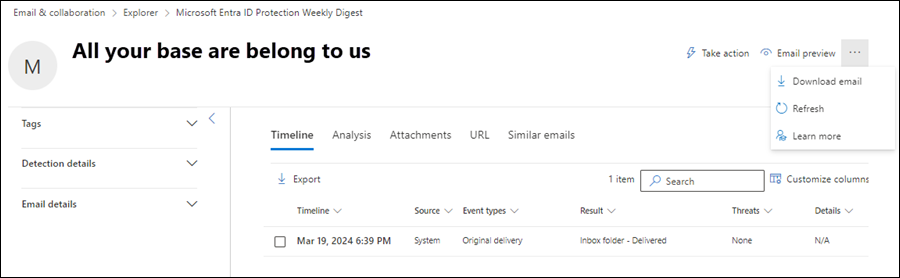 使用可能な詳細ウィンドウとタブを示すEmail エンティティ ページのスクリーンショット。