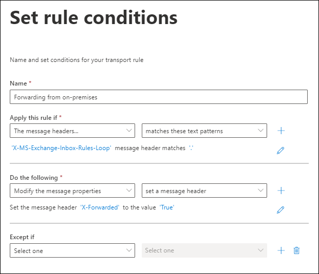転送されたメッセージを識別するためのメール フロー ルールの EAC のルール条件とアクション。