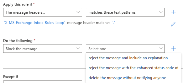 受信トレイ ルールによって外部受信者に自動的に転送されるメッセージを検出およびブロックするメール フロー ルールのスクリーンショット。