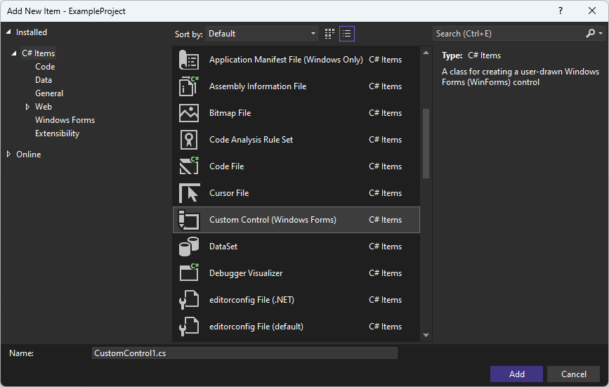 Visual Studio for Windows Forms の [項目の追加] ダイアログ