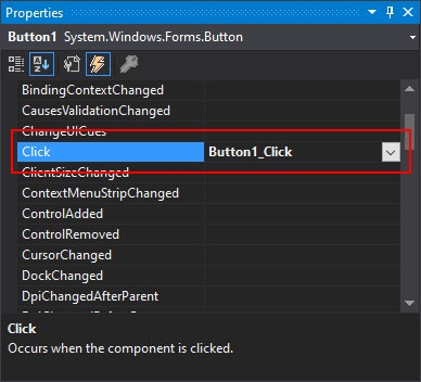 イベント モードが有効でクリック イベントが表示された Visual Studio のプロパティ ウィンドウ。