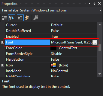 Font プロパティが表示された .NET Windows フォームの Visual Studio プロパティ ウィンドウ。
