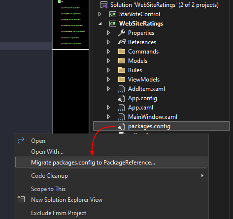 Visual Studio のソリューション エクスプローラーのコンテキスト メニューに [packages.configの移行] 項目が表示されます。
