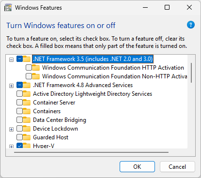 [Windows の機能] ダイアログ ボックスのスクリーンショット。.NET Framework 3.5 が選択されています。