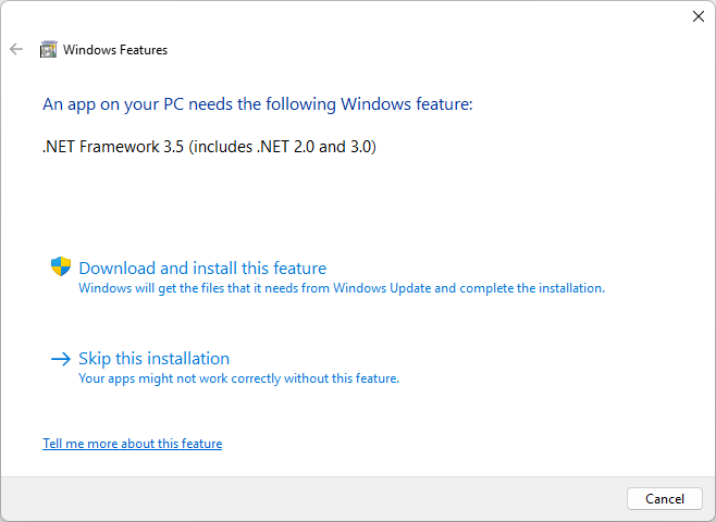 .NET Framework のインストール ダイアログのスクリーンショット。
