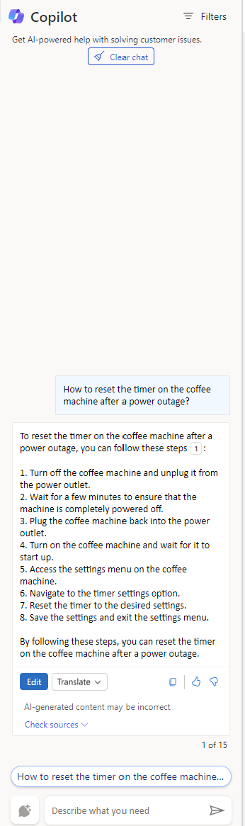 Copilot の [質問する] タブのスクリーンショット。