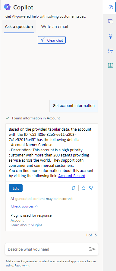 プロンプト プラグインによって生成された Copilot 応答のスクリーンショット。