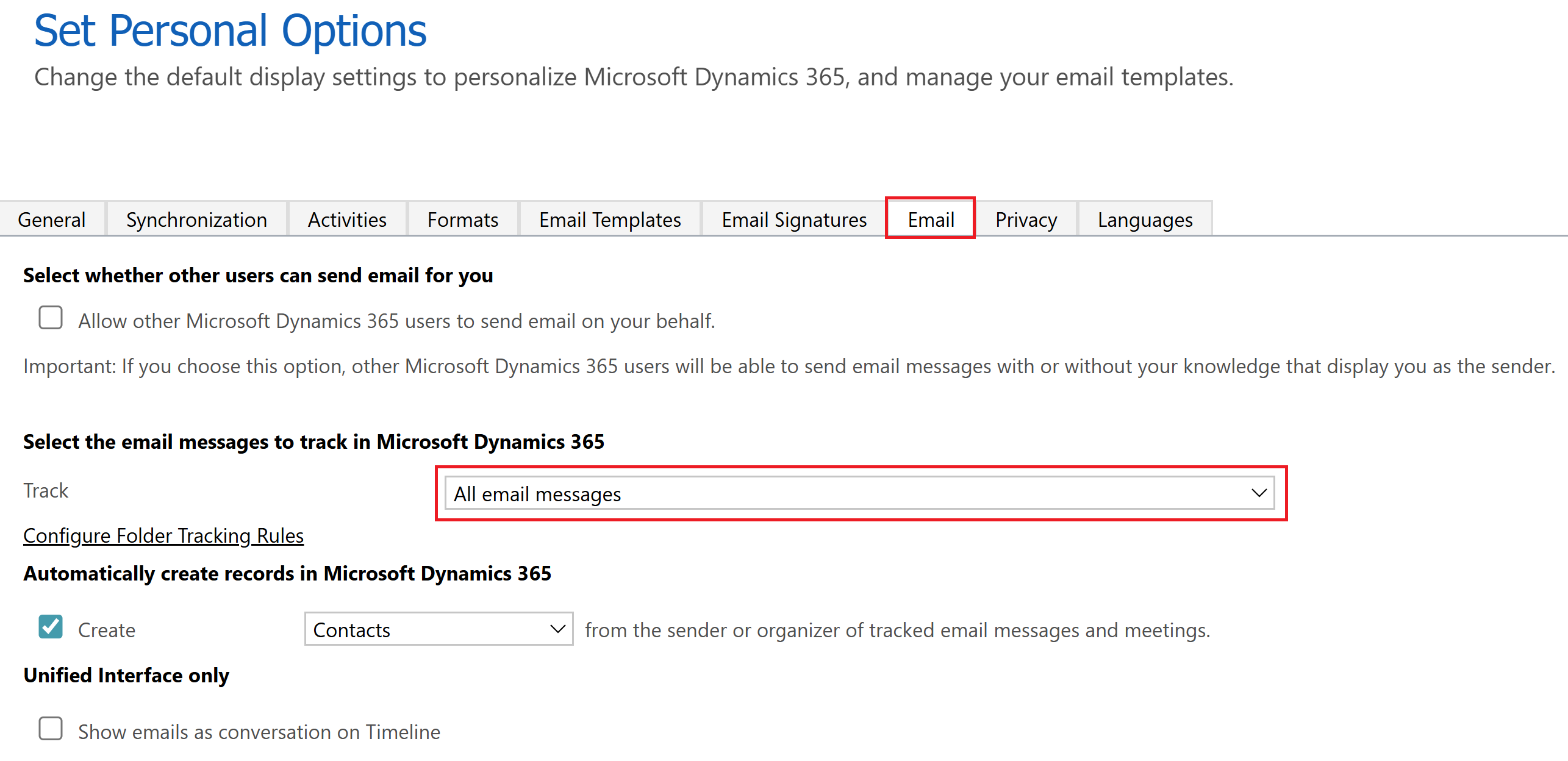 [すべての電子メール メッセージ] オプションが選択されている Dynamics 365 Sales の [個人用設定] ページのスクリーンショット。