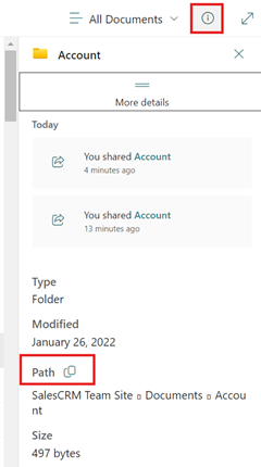 情報アイコンとパス フィールドが強調表示された SharePoint の詳細ペインのスクリーンショット。