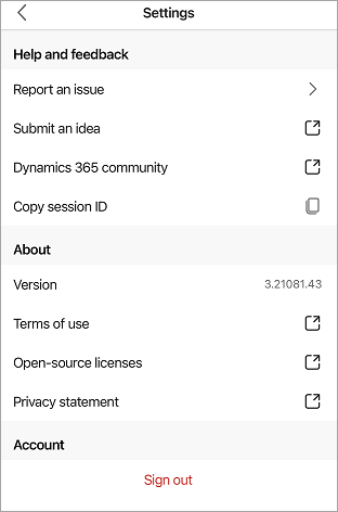 Dynamics 365 Sales モバイル アプリの [サインアウト] オプションが表示された [設定] パネルのスクリーンショット。