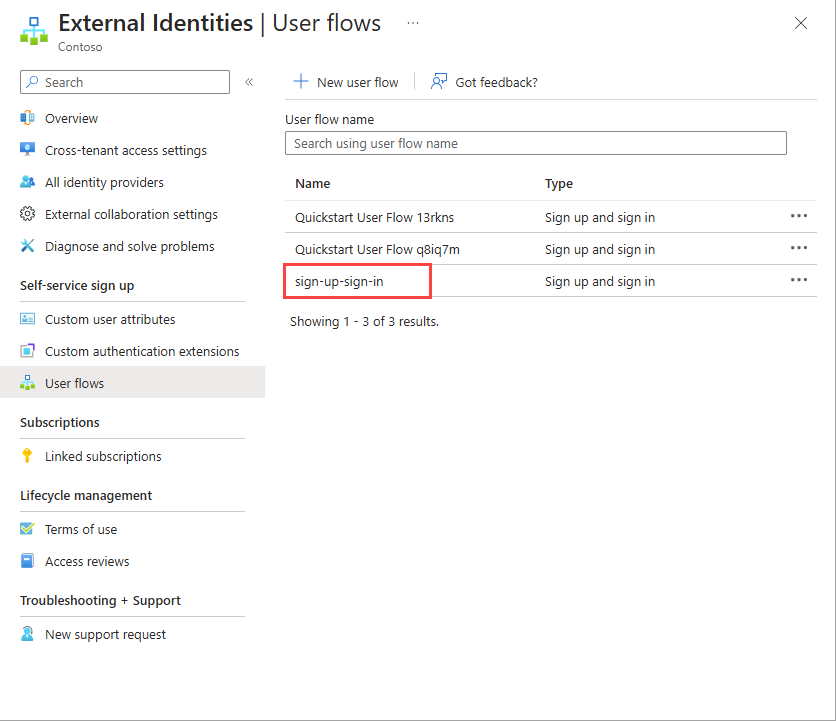 ユーザー フローを選択する場所を示すスクリーンショット。