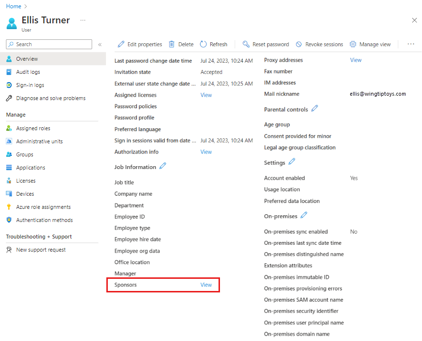 ジョブ情報の下の [スポンサー] フィールドのスクリーンショット。