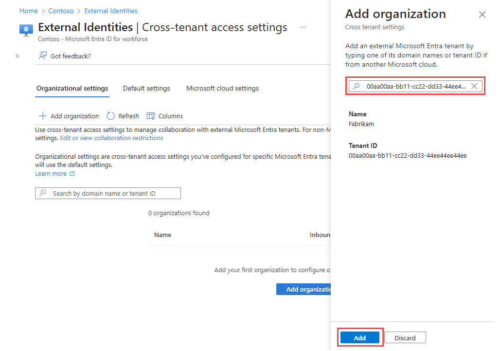 組織の追加を示すスクリーンショット。