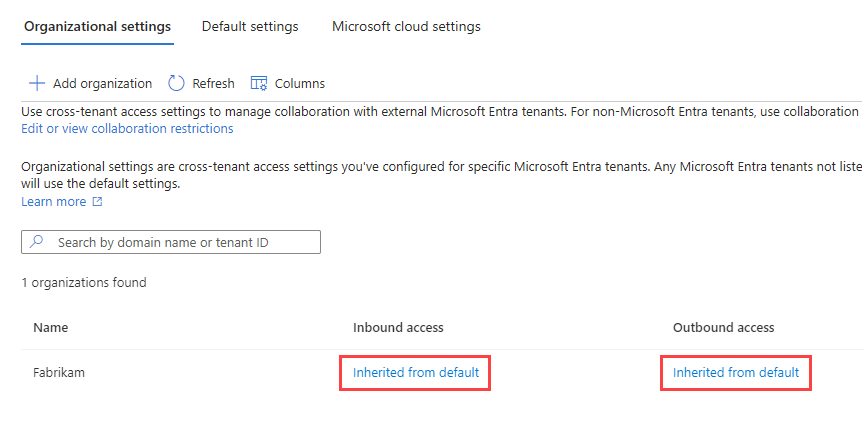 既定の設定で追加された組織を示すスクリーンショット。