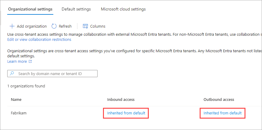 既定の設定で追加された組織を示すスクリーンショット