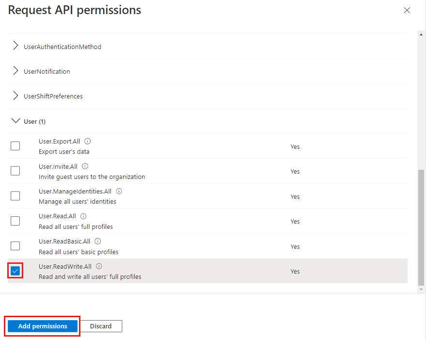API アクセス許可の要求のスクリーンショット。